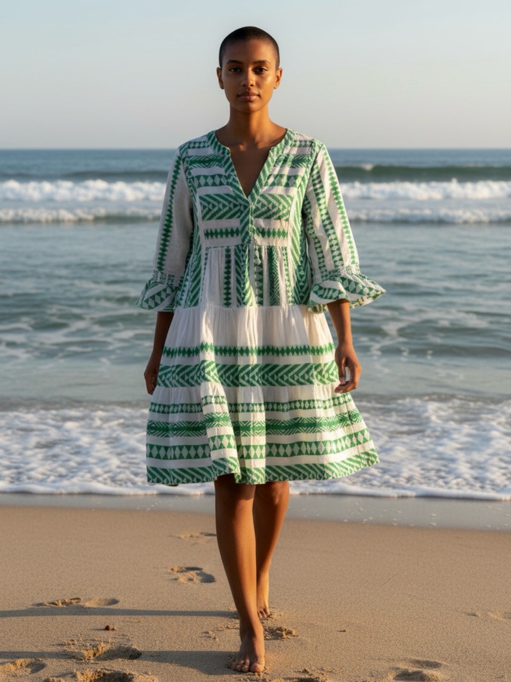crown & ivy Green and White V-Neck Tiered Cotton Dress